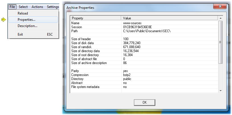 Screenshot: archive properties